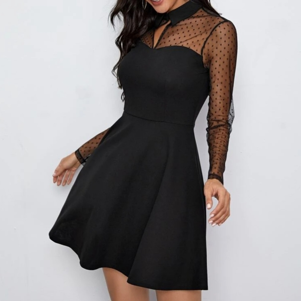 Shein Dobby Mesh Yoke Flare Hem Dress with Lace Long Sleeves Black Size Meium. - Picture 4 of 5